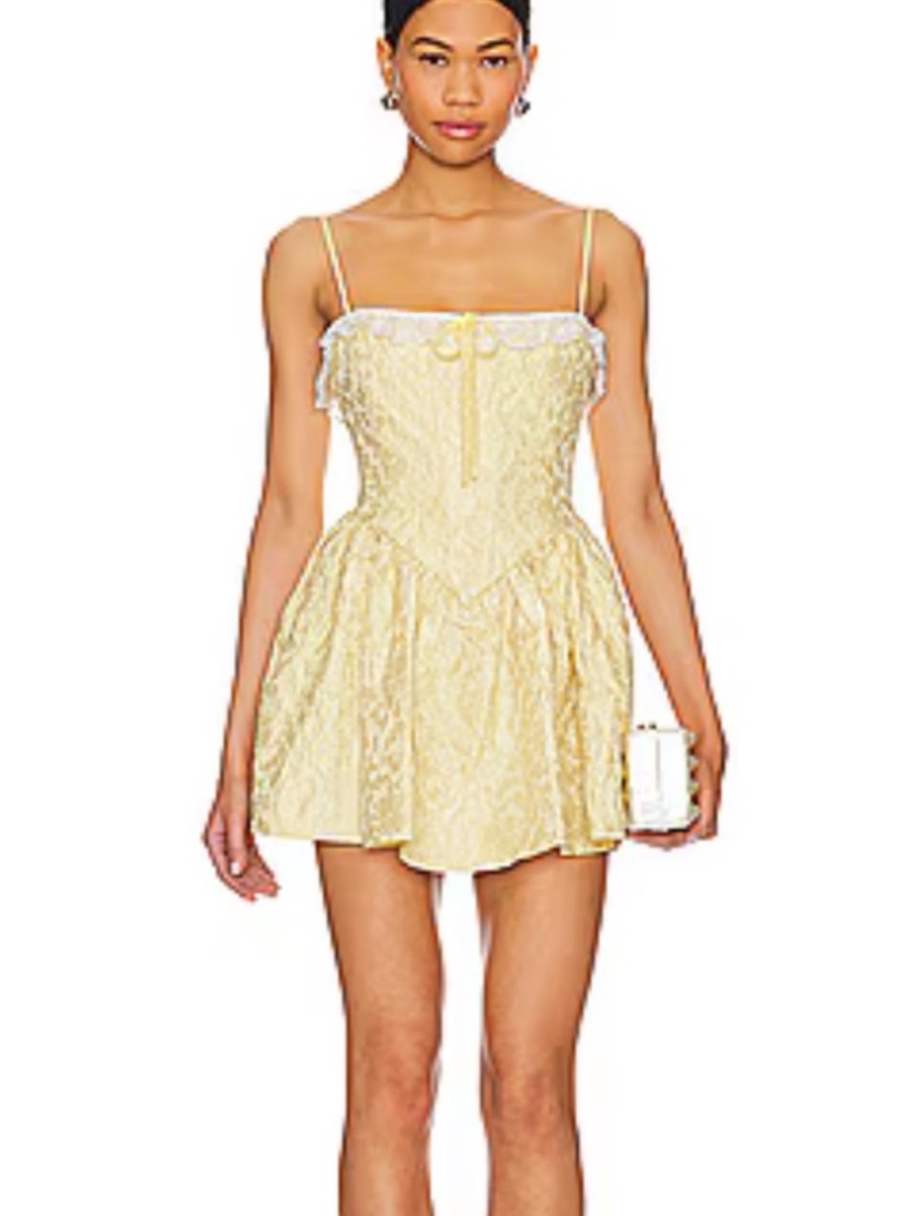 MAJORELLE Pale Yellow Lace Mini Dress with Spaghetti Straps